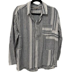 Wonderly Linen/Cotton Collared Denim and White Striped Blouse